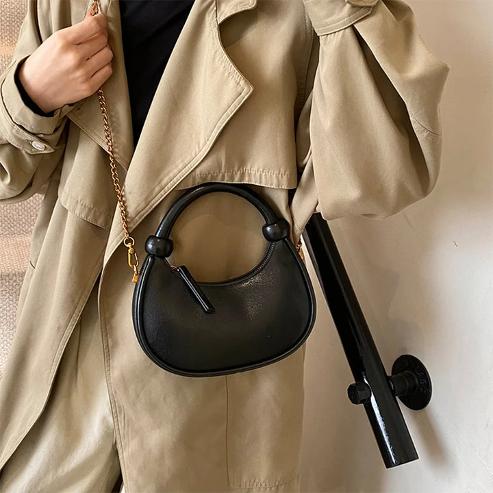 2025 New PU Leather Handbag Solid Casual Crossbody Bags for Women Zipper Top-Handle Bags Chain Shoulder Bags Trend Crescent Bags - Vogue Vista UK