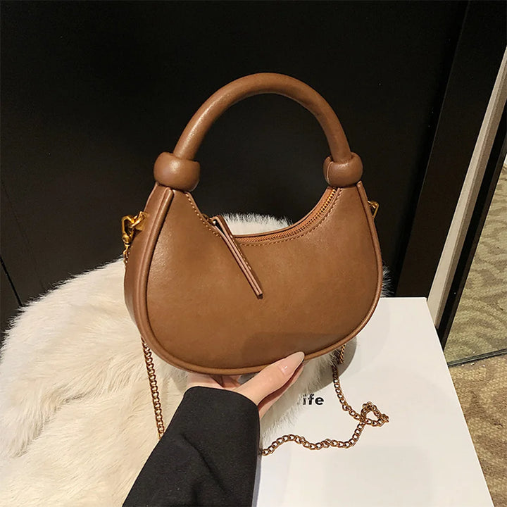 2025 New PU Leather Handbag Solid Casual Crossbody Bags for Women Zipper Top-Handle Bags Chain Shoulder Bags Trend Crescent Bags - Vogue Vista UK
