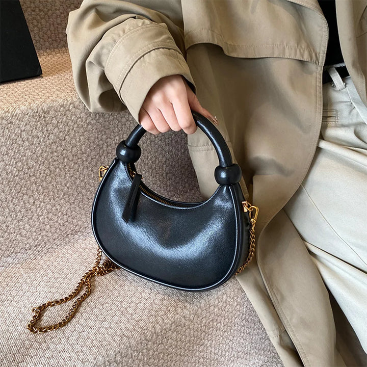 2025 New PU Leather Handbag Solid Casual Crossbody Bags for Women Zipper Top-Handle Bags Chain Shoulder Bags Trend Crescent Bags - Vogue Vista UK