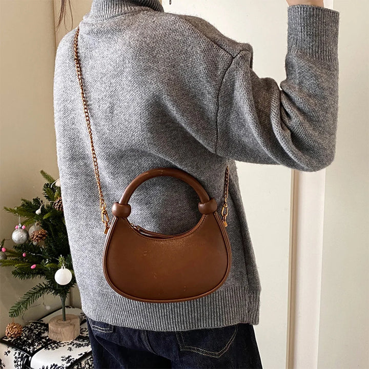 2025 New PU Leather Handbag Solid Casual Crossbody Bags for Women Zipper Top-Handle Bags Chain Shoulder Bags Trend Crescent Bags - Vogue Vista UK