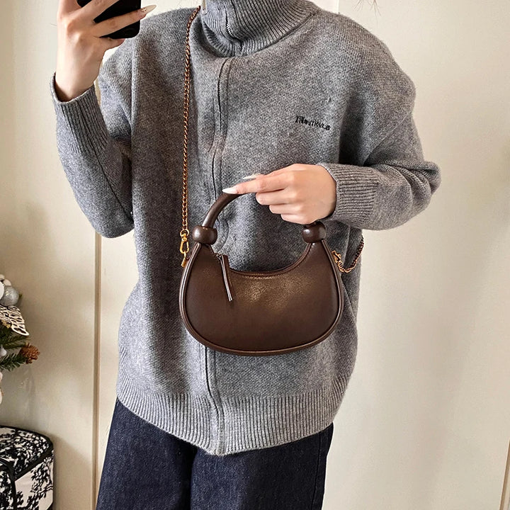 2025 New PU Leather Handbag Solid Casual Crossbody Bags for Women Zipper Top-Handle Bags Chain Shoulder Bags Trend Crescent Bags - Vogue Vista UK