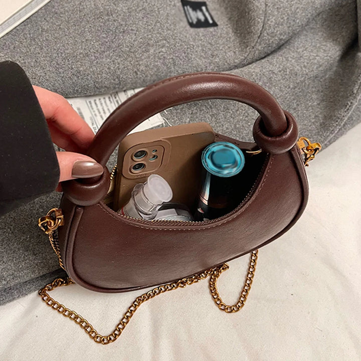 2025 New PU Leather Handbag Solid Casual Crossbody Bags for Women Zipper Top-Handle Bags Chain Shoulder Bags Trend Crescent Bags - Vogue Vista UK