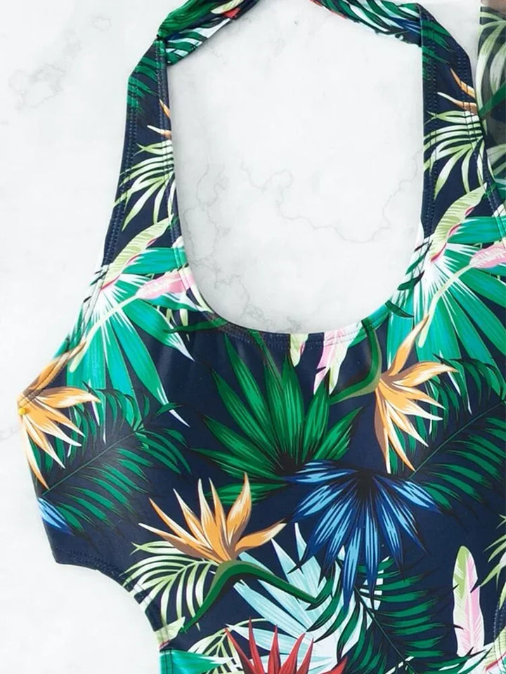 2025 Tropical Print Cut Out Halter One Piece Swimusit with Beach Skirt Bikini Swimwear Women Bathing Suit Swimming Biquini - Vogue Vista UK