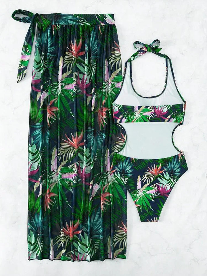 2025 Tropical Print Cut Out Halter One Piece Swimusit with Beach Skirt Bikini Swimwear Women Bathing Suit Swimming Biquini - Vogue Vista UK
