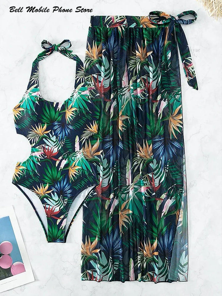 2025 Tropical Print Cut Out Halter One Piece Swimusit with Beach Skirt Bikini Swimwear Women Bathing Suit Swimming Biquini - Vogue Vista UK