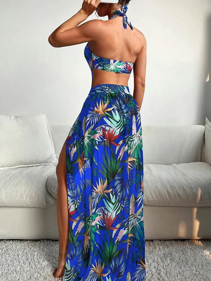 2025 Tropical Print Cut Out Halter One Piece Swimusit with Beach Skirt Bikini Swimwear Women Bathing Suit Swimming Biquini - Vogue Vista UK