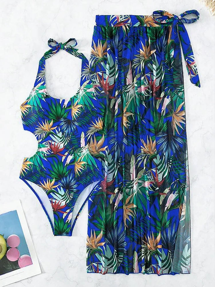 2025 Tropical Print Cut Out Halter One Piece Swimusit with Beach Skirt Bikini Swimwear Women Bathing Suit Swimming Biquini - Vogue Vista UK