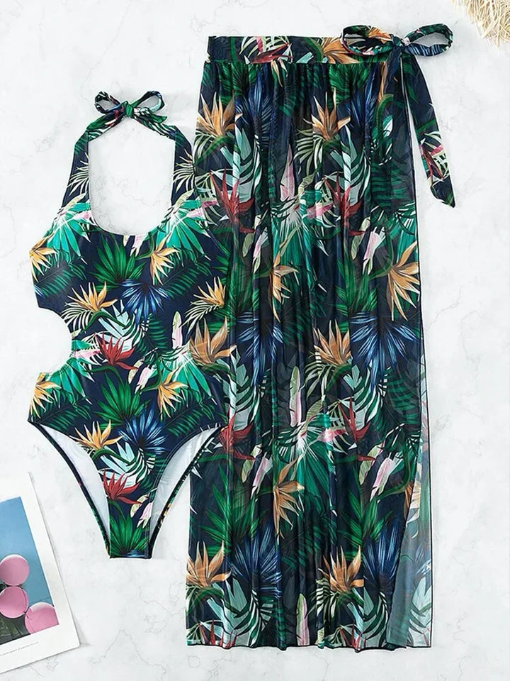 2025 Tropical Print Cut Out Halter One Piece Swimusit with Beach Skirt Bikini Swimwear Women Bathing Suit Swimming Biquini - Vogue Vista UK