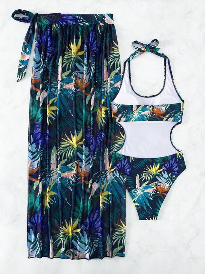 2025 Tropical Print Cut Out Halter One Piece Swimusit with Beach Skirt Bikini Swimwear Women Bathing Suit Swimming Biquini - Vogue Vista UK