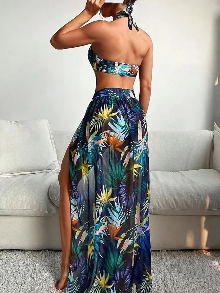 2025 Tropical Print Cut Out Halter One Piece Swimusit with Beach Skirt Bikini Swimwear Women Bathing Suit Swimming Biquini - Vogue Vista UK
