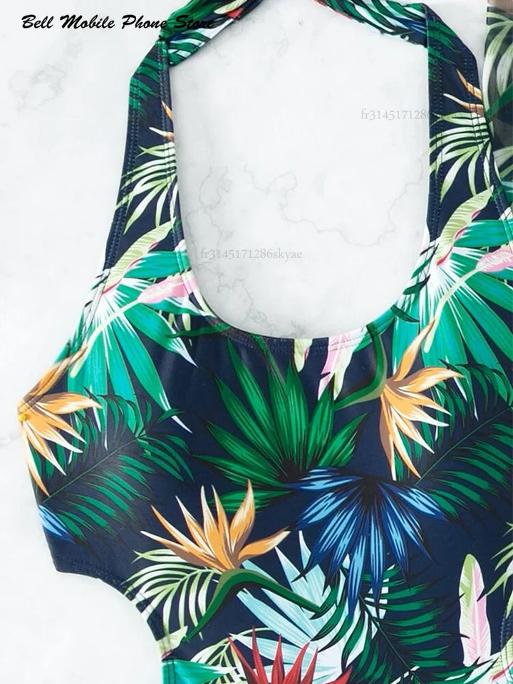 2025 Tropical Print Cut Out Halter One Piece Swimusit with Beach Skirt Bikini Swimwear Women Bathing Suit Swimming Biquini - Vogue Vista UK