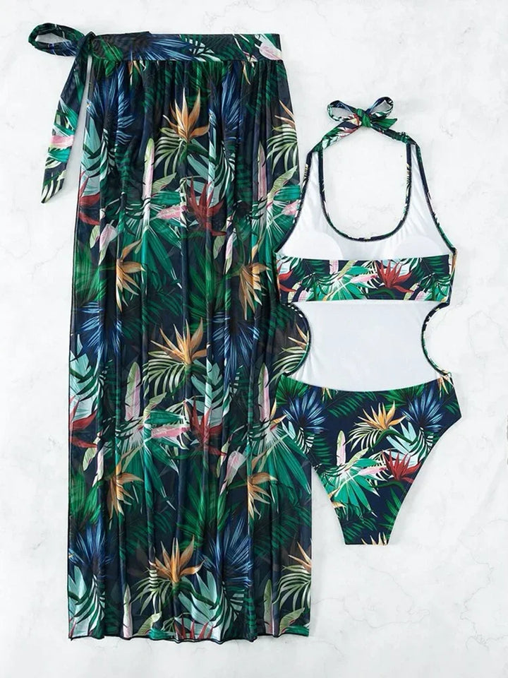 2025 Tropical Print Cut Out Halter One Piece Swimusit with Beach Skirt Bikini Swimwear Women Bathing Suit Swimming Biquini - Vogue Vista UK