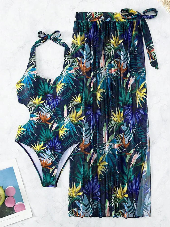 2025 Tropical Print Cut Out Halter One Piece Swimusit with Beach Skirt Bikini Swimwear Women Bathing Suit Swimming Biquini - Vogue Vista UK
