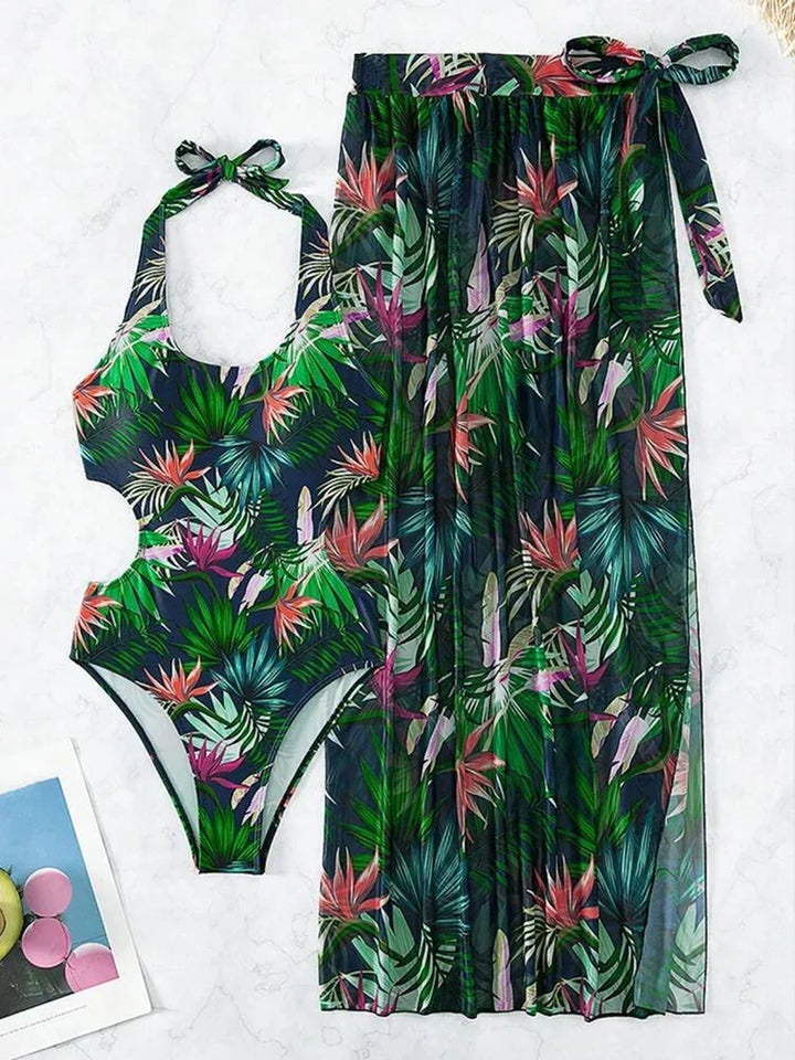 2025 Tropical Print Cut Out Halter One Piece Swimusit with Beach Skirt Bikini Swimwear Women Bathing Suit Swimming Biquini - Vogue Vista UK