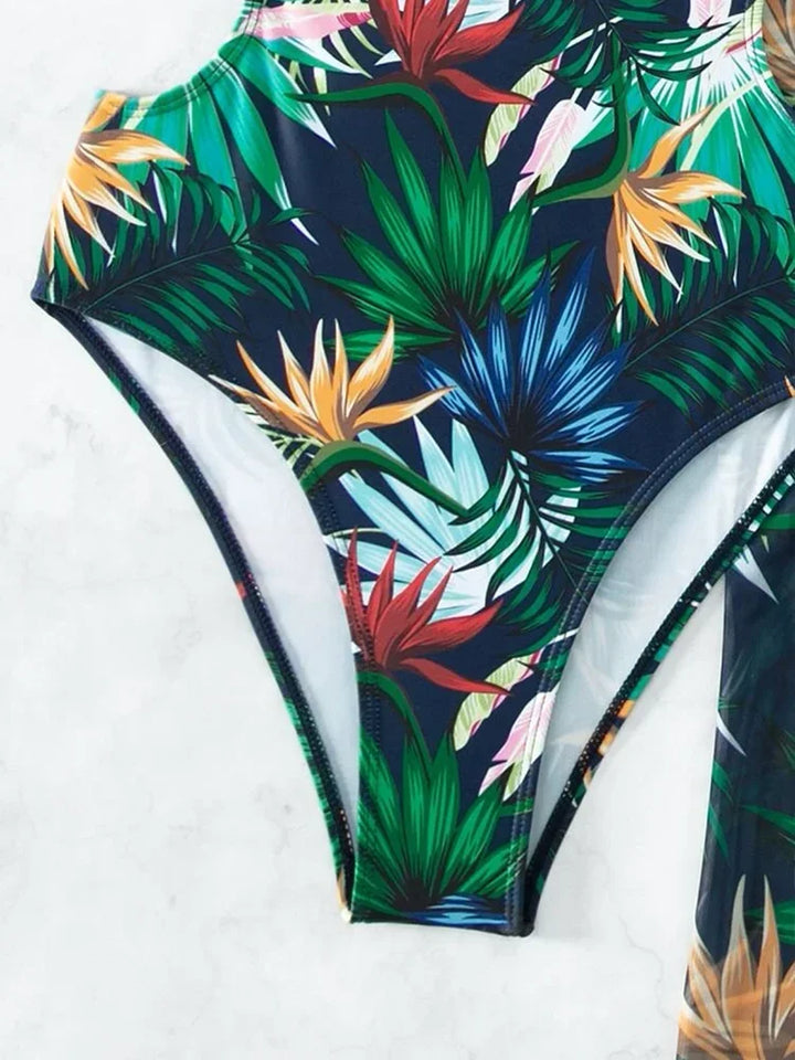 2025 Tropical Print Cut Out Halter One Piece Swimusit with Beach Skirt Bikini Swimwear Women Bathing Suit Swimming Biquini - Vogue Vista UK