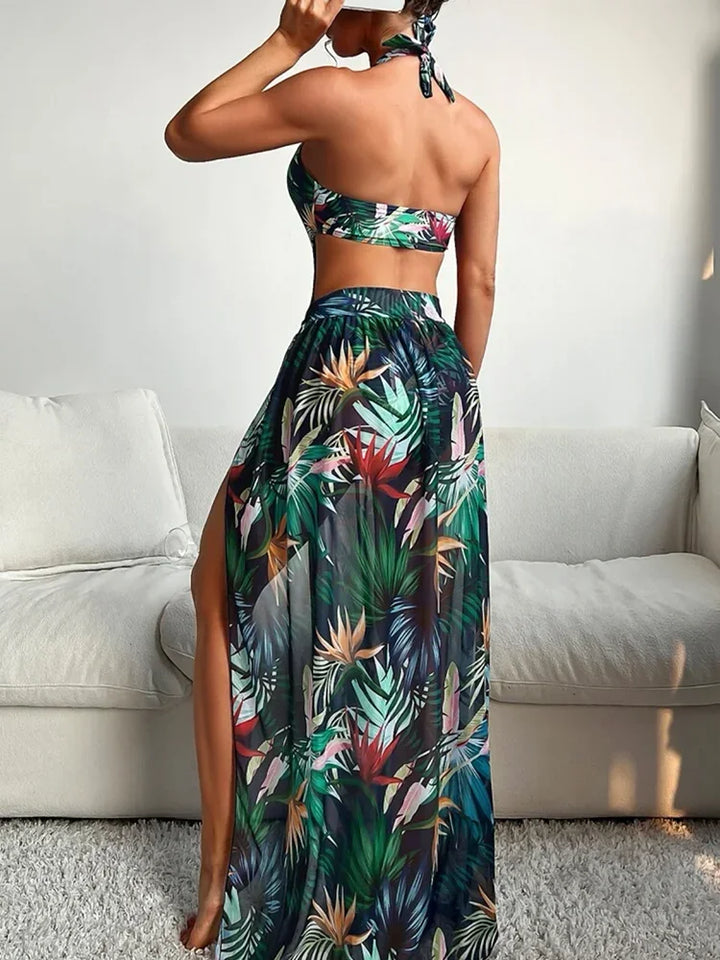 2025 Tropical Print Cut Out Halter One Piece Swimusit with Beach Skirt Bikini Swimwear Women Bathing Suit Swimming Biquini - Vogue Vista UK