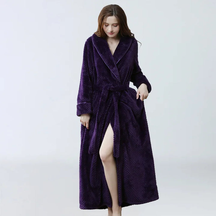 Women Thermal Luxury Flannel Extra Long Bath Robe Winter Sexy Grid Fur Bathrobe Warm Kimono Dressing Gown Bridesmaid Robes - Vogue Vista UK
