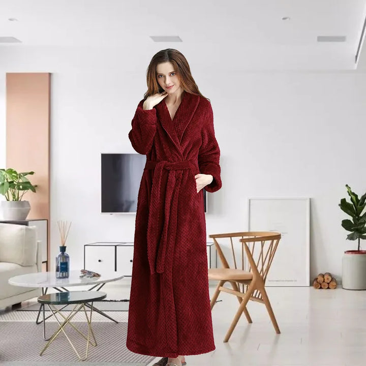 Women Thermal Luxury Flannel Extra Long Bath Robe Winter Sexy Grid Fur Bathrobe Warm Kimono Dressing Gown Bridesmaid Robes - Vogue Vista UK