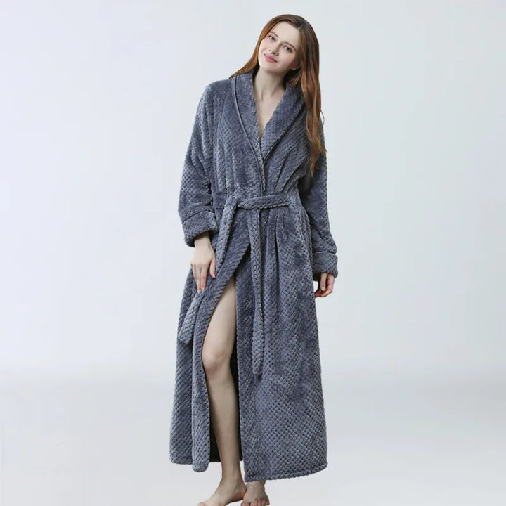 Women Thermal Luxury Flannel Extra Long Bath Robe Winter Sexy Grid Fur Bathrobe Warm Kimono Dressing Gown Bridesmaid Robes - Vogue Vista UK