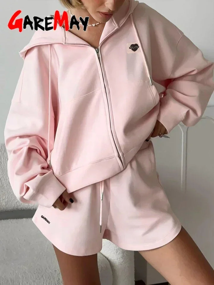 Spring Women's Summer Suit with Shorts Cotton Oversize Pink  Top and Shorts Set Two-piece Casual Tracksuit with Shorts for Women - Vogue Vista UK