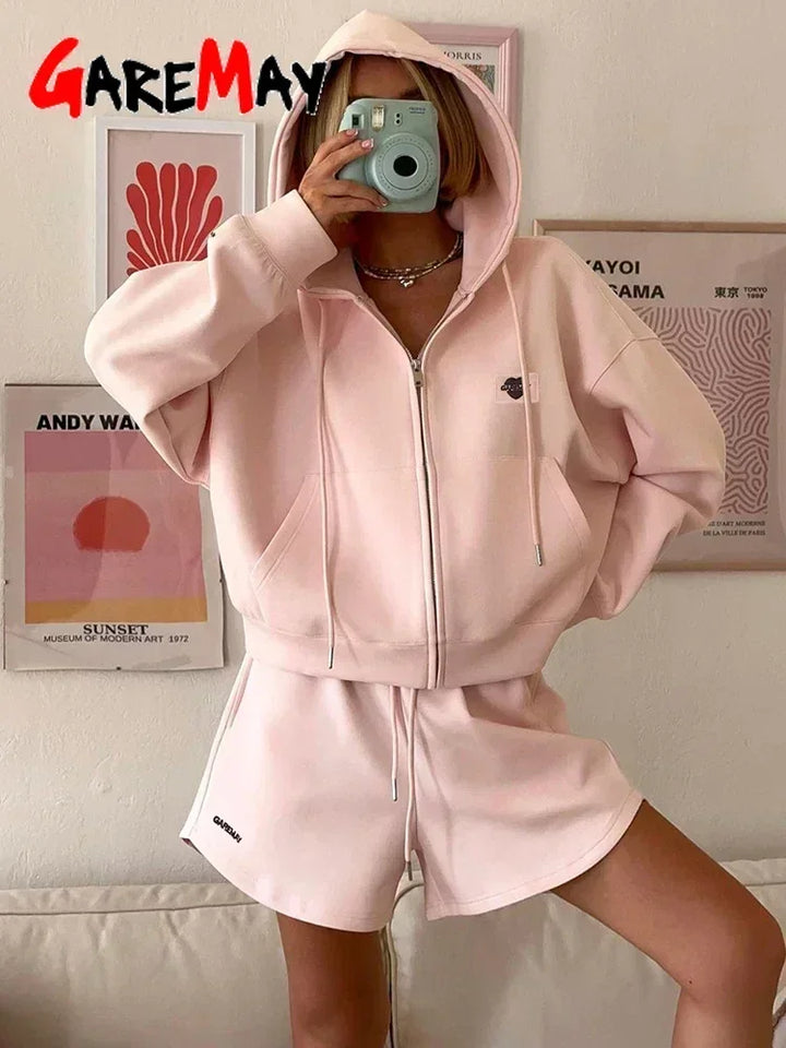 Spring Women's Summer Suit with Shorts Cotton Oversize Pink  Top and Shorts Set Two-piece Casual Tracksuit with Shorts for Women - Vogue Vista UK