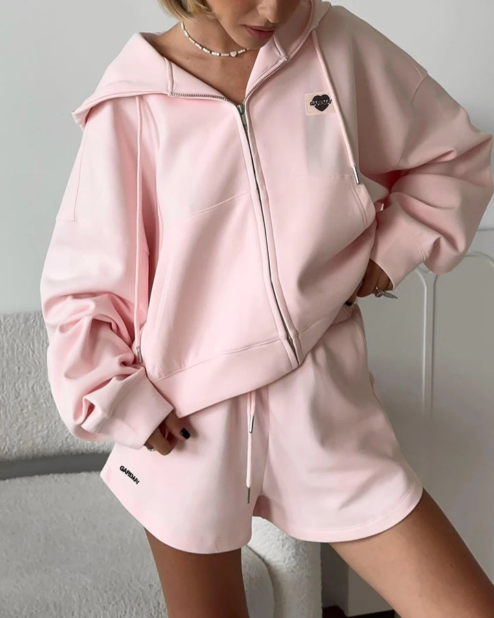 Spring Women's Summer Suit with Shorts Cotton Oversize Pink  Top and Shorts Set Two-piece Casual Tracksuit with Shorts for Women - Vogue Vista UK