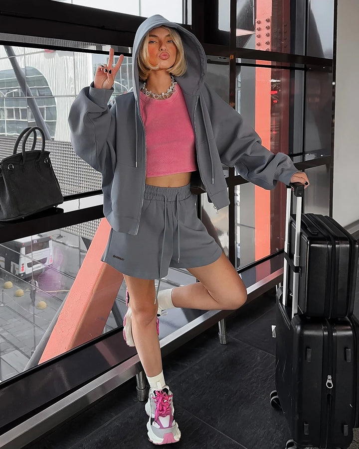 Spring Women's Summer Suit with Shorts Cotton Oversize Pink  Top and Shorts Set Two-piece Casual Tracksuit with Shorts for Women - Vogue Vista UK