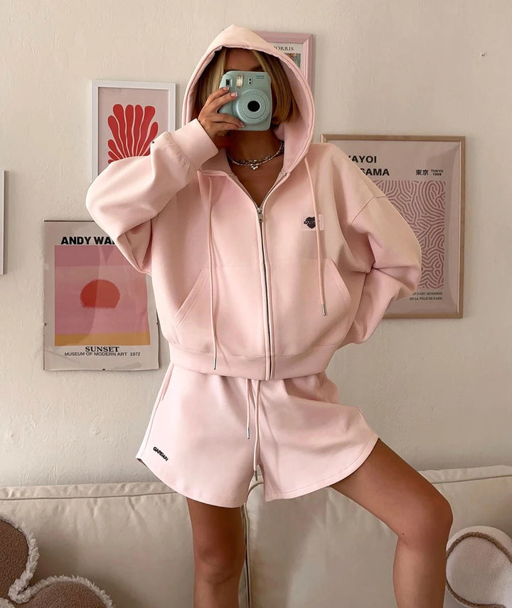 Spring Women's Summer Suit with Shorts Cotton Oversize Pink  Top and Shorts Set Two-piece Casual Tracksuit with Shorts for Women - Vogue Vista UK