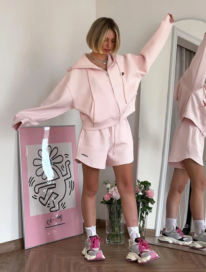 Spring Women's Summer Suit with Shorts Cotton Oversize Pink  Top and Shorts Set Two-piece Casual Tracksuit with Shorts for Women - Vogue Vista UK