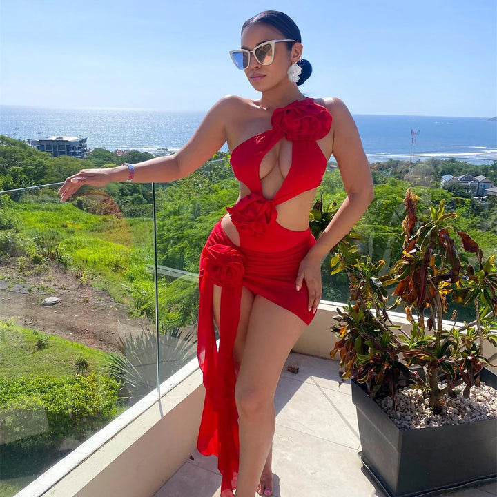 2025 Red Flower Swimsuit With Cover Up Desire Swim Suit Luxury Women Swimwear Sexy Hollow Bikini Beachwear Bodysuit Bathingsuit - Vogue Vista UK