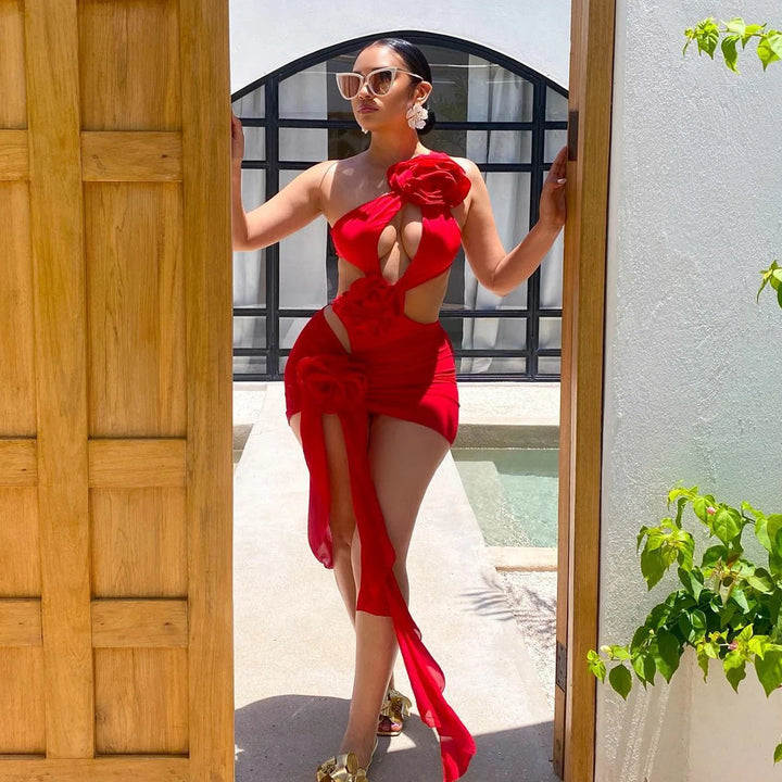 2025 Red Flower Swimsuit With Cover Up Desire Swim Suit Luxury Women Swimwear Sexy Hollow Bikini Beachwear Bodysuit Bathingsuit - Vogue Vista UK