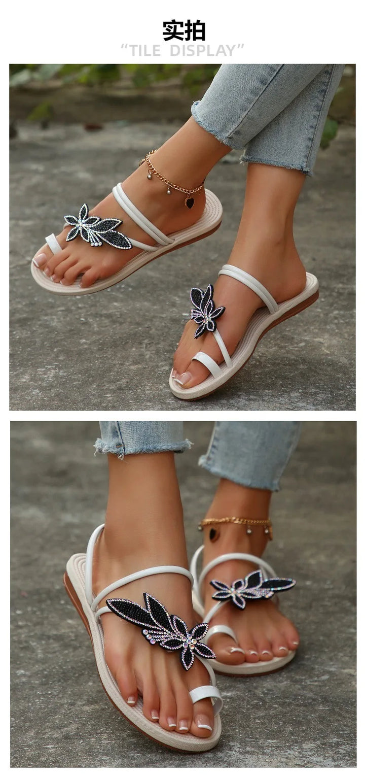 Glitter Slippers Women Summer Sandals 2025 Fashion Bling Female Butterfly Flops Beach Diamond Flat Shoes Outdoor Sandals - Vogue Vista UK