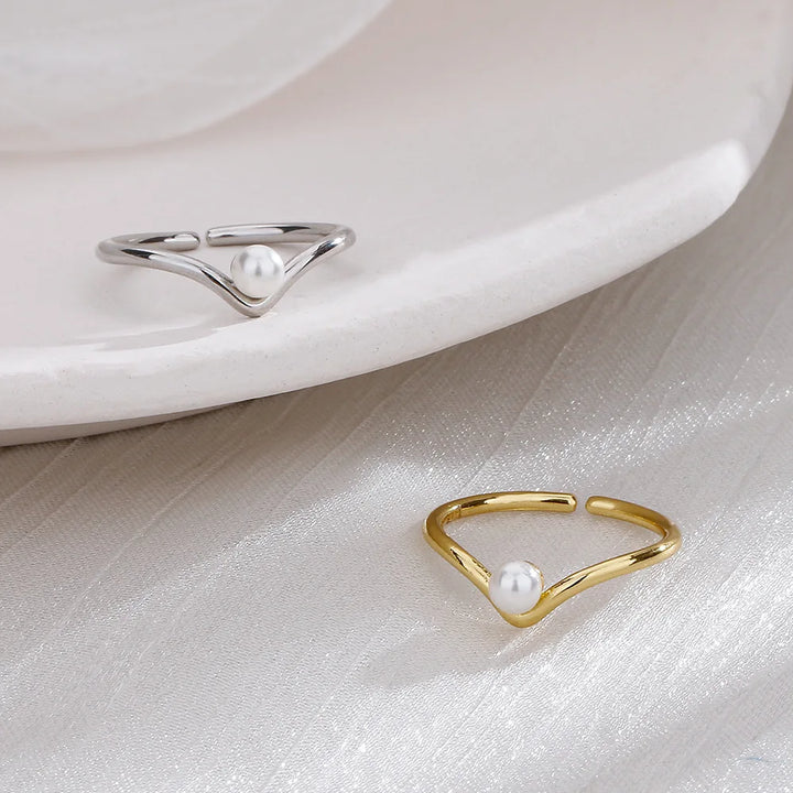 925 Sterling Silver V-shaped Pearl Adjustable Rings For Women Luxury Jewelry Wedding Accessories Jewellery Argent 925 - Vogue Vista UK
