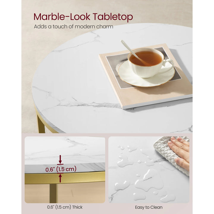 VASAGLE Coffee Table, Living Room Table, Sofa Cocktail Table Faux Marble Round, Tempered Glass Storage Shelf - Vogue Vista UK