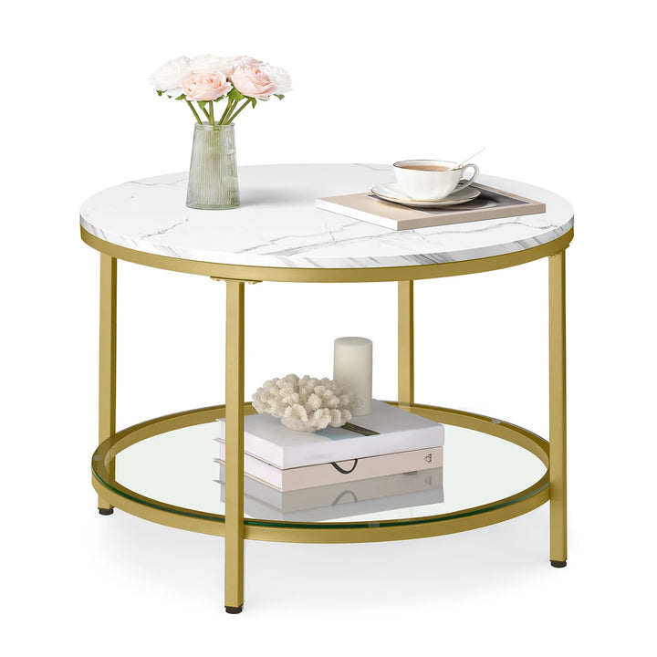 VASAGLE Coffee Table, Living Room Table, Sofa Cocktail Table Faux Marble Round, Tempered Glass Storage Shelf - Vogue Vista UK