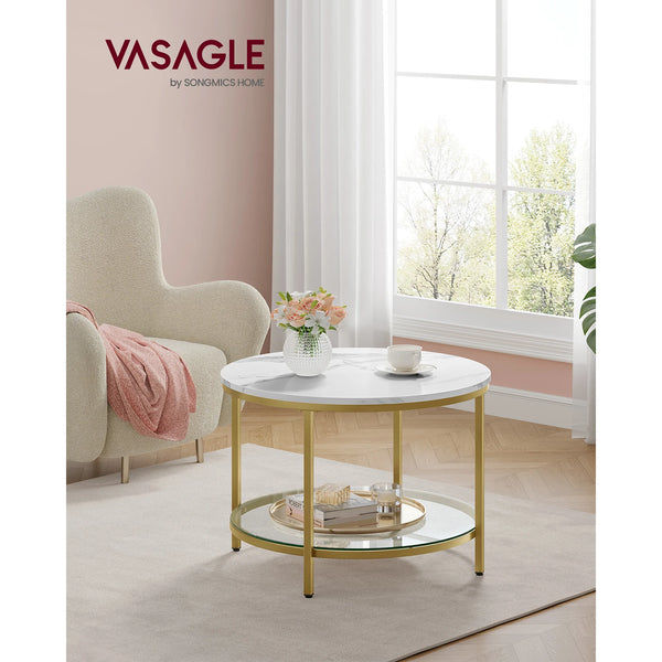 VASAGLE Coffee Table, Living Room Table, Sofa Cocktail Table Faux Marble Round, Tempered Glass Storage Shelf - Vogue Vista UK