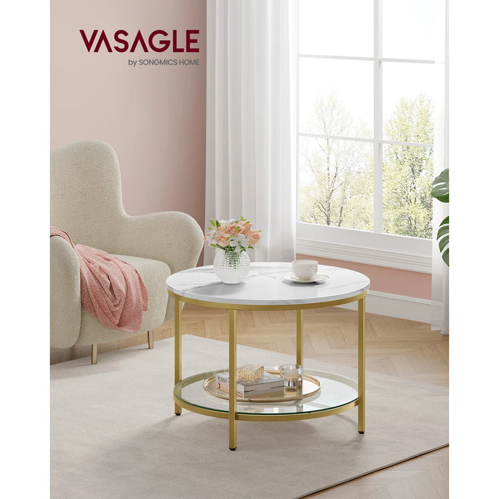 VASAGLE Coffee Table, Living Room Table, Sofa Cocktail Table Faux Marble Round, Tempered Glass Storage Shelf - Vogue Vista UK
