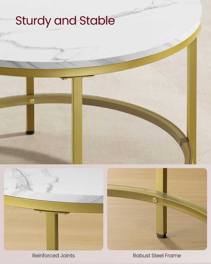 VASAGLE Coffee Table, Living Room Table, Sofa Cocktail Table Faux Marble Round, Tempered Glass Storage Shelf - Vogue Vista UK
