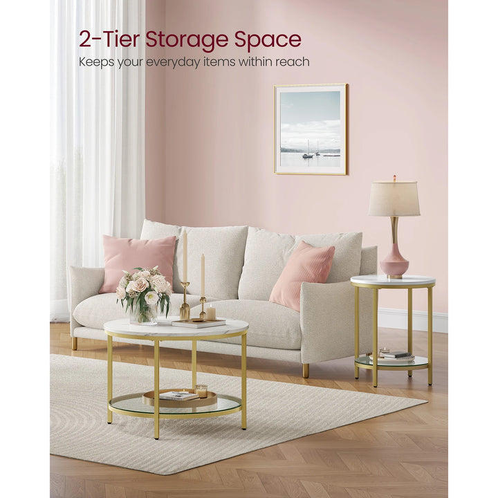 VASAGLE Coffee Table, Living Room Table, Sofa Cocktail Table Faux Marble Round, Tempered Glass Storage Shelf - Vogue Vista UK