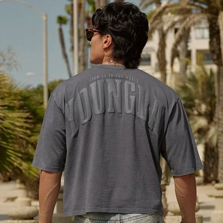 YOUNGLA men's oversized T-shirt foam printed cotton short sleeve American sports fitness casual jacket - Vogue Vista UK