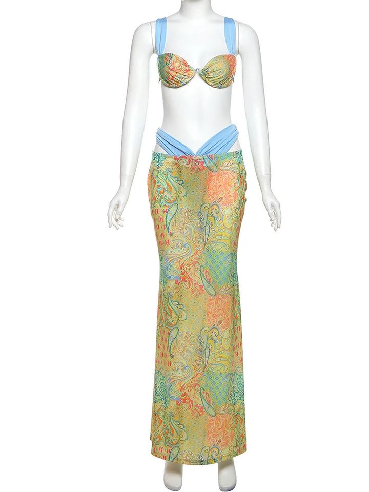 Weird Puss Summer Vacation 2 Piece Set Women Colorful Print Bra Tops+High-Waist Hollow Maxi Skirts Matching Midnight Clubwear - Vogue Vista UK