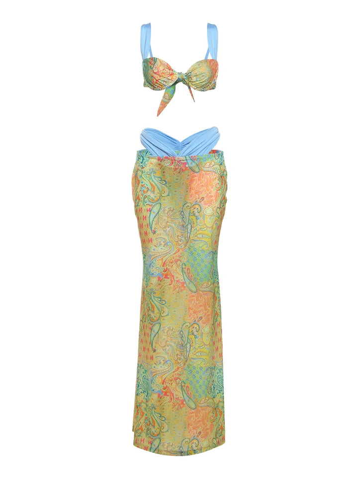 Weird Puss Summer Vacation 2 Piece Set Women Colorful Print Bra Tops+High-Waist Hollow Maxi Skirts Matching Midnight Clubwear - Vogue Vista UK