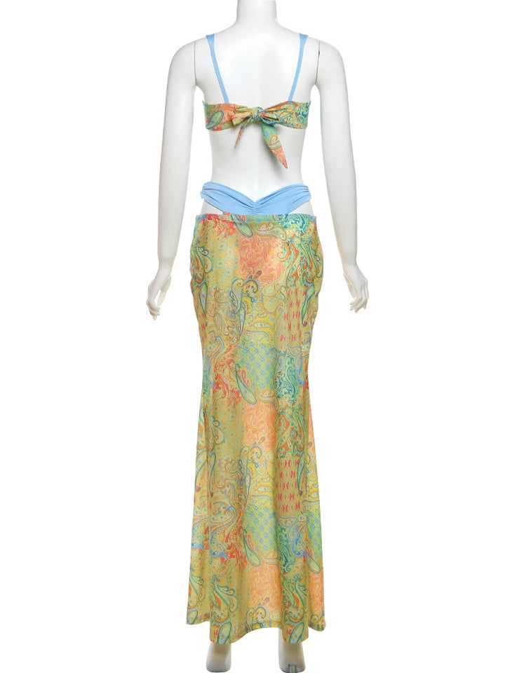 Weird Puss Summer Vacation 2 Piece Set Women Colorful Print Bra Tops+High-Waist Hollow Maxi Skirts Matching Midnight Clubwear - Vogue Vista UK