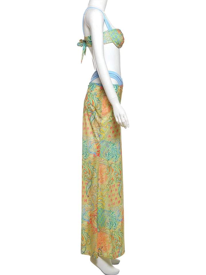 Weird Puss Summer Vacation 2 Piece Set Women Colorful Print Bra Tops+High-Waist Hollow Maxi Skirts Matching Midnight Clubwear - Vogue Vista UK