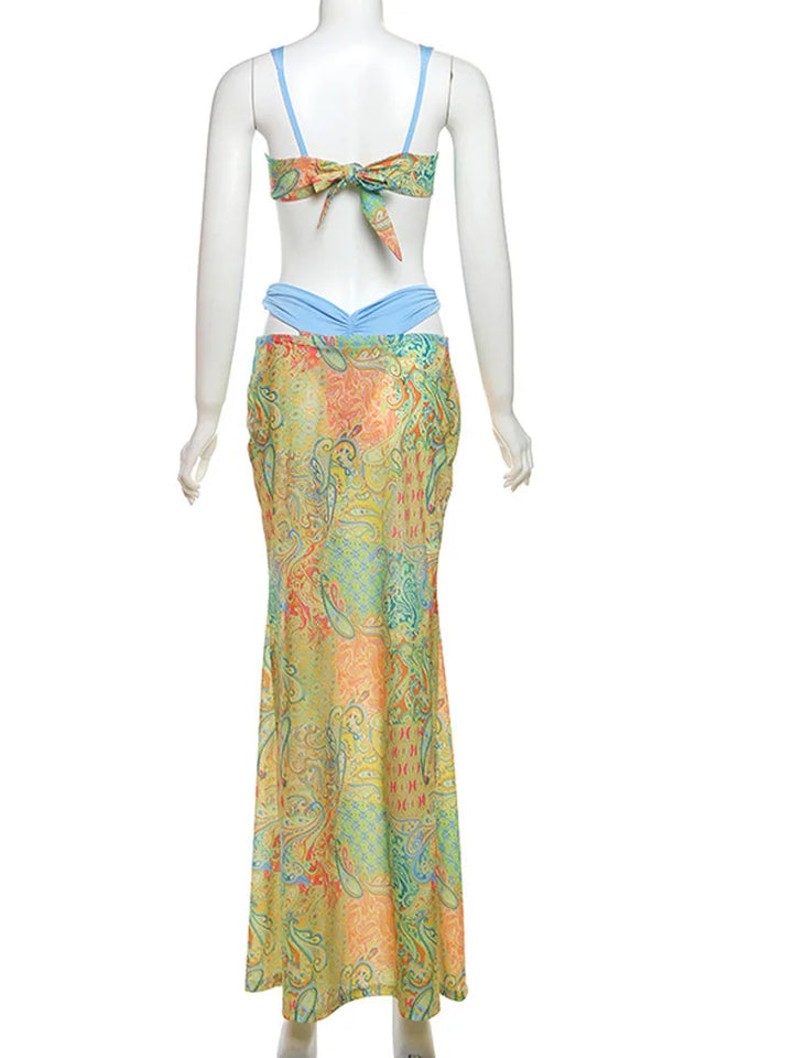 Beyprern Tropical Goddess Floral Skirt Set Two-Piece Dress Holiday Outfits Summer Womens Printed Bra Crop Top And Matching Set - Vogue Vista UK