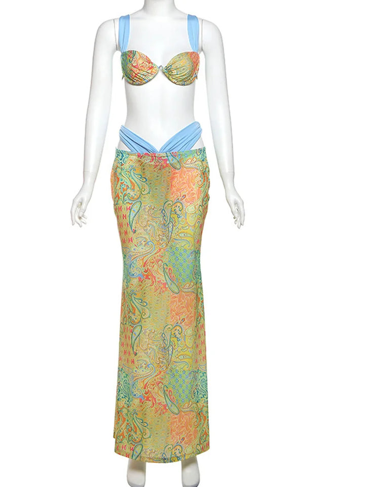 Beyprern Tropical Goddess Floral Skirt Set Two-Piece Dress Holiday Outfits Summer Womens Printed Bra Crop Top And Matching Set - Vogue Vista UK