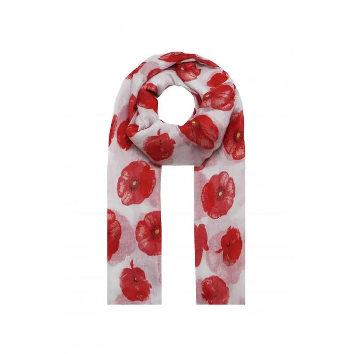 Elegant Poppy Print Scarf - White Base with Red Poppies - Vogue Vista UK