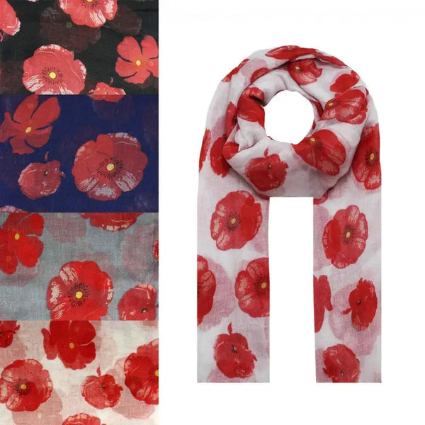 Elegant Poppy Print Scarf - White Base with Red Poppies - Vogue Vista UK