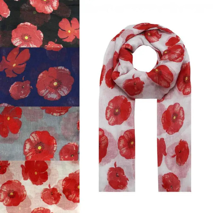 Elegant Poppy Print Scarf - White Base with Red Poppies - Vogue Vista UK