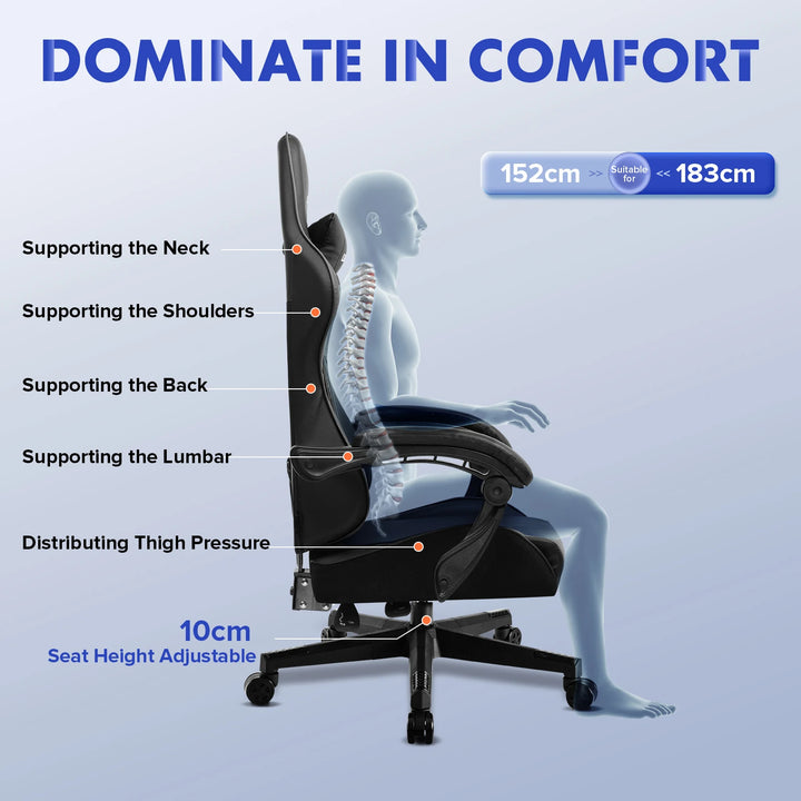 LUCKRACER Gaming Chair, Massage Ergonomic Computer Chair with Lumbar Support High Back Height Adjustable Gaming Chair - Vogue Vista UK